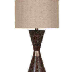 POLYRESIN & METAL TABLE LAMP WITH A DARK WALNUT BODY AND DRUM SHADE 

