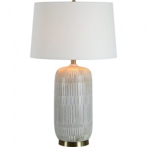 RENWIL LPT1161 PIERCE Table Lamp Embossed Ceramic Cream Finish Antique Brass Plated Finish White Linen Shade mississauga