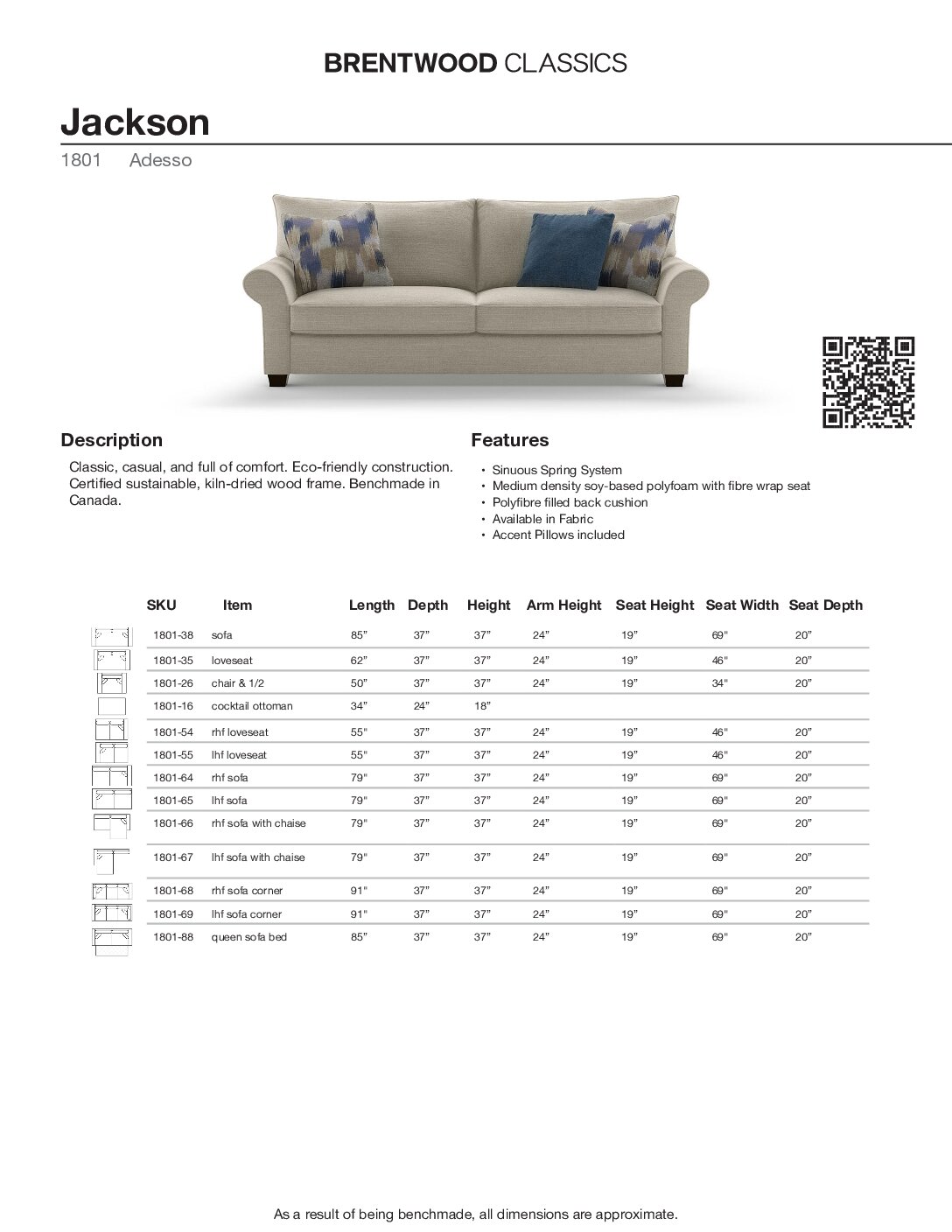 BRENTWOOD Jackson Fabric Sofa 1801-38 - Image 5