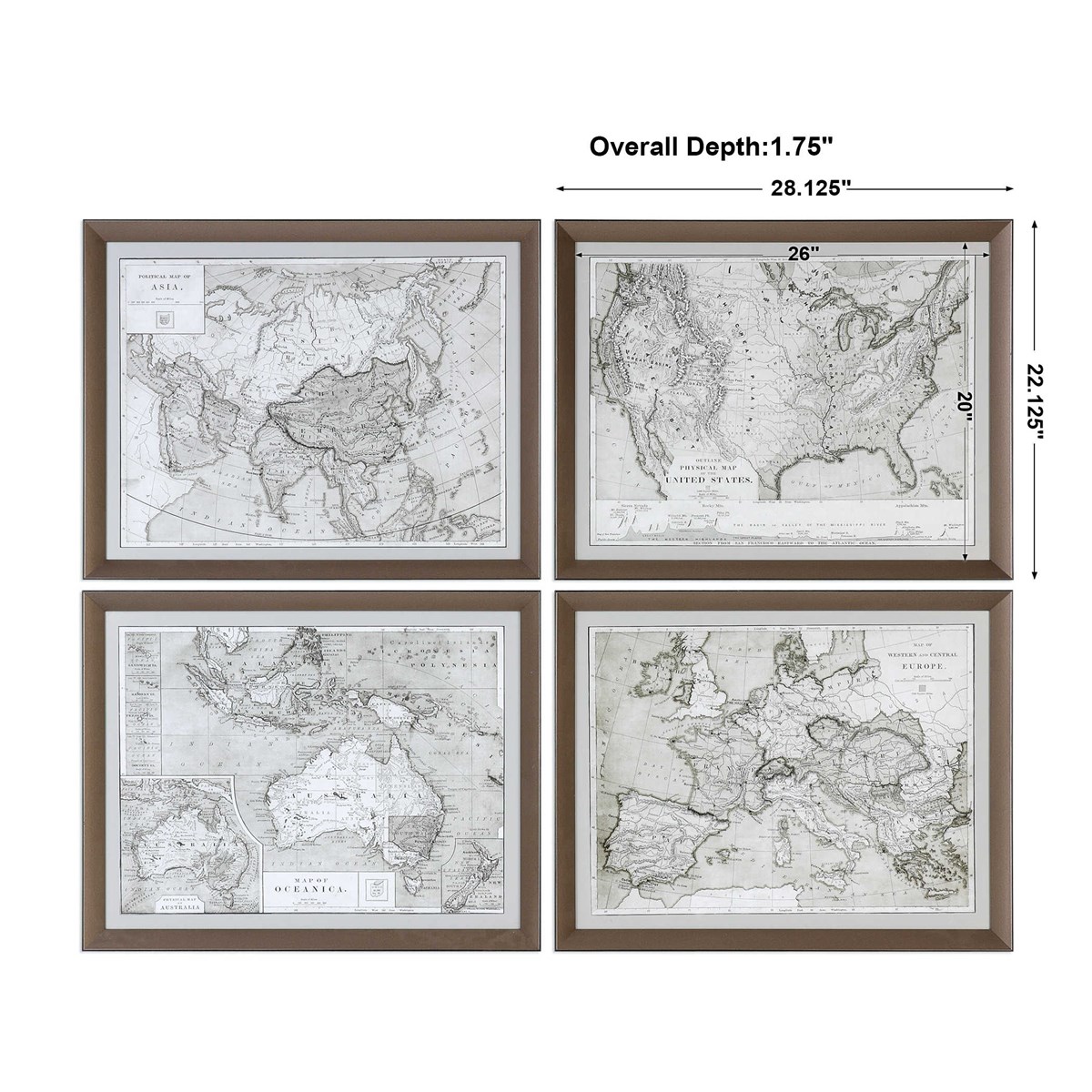 Uttermost World Maps Framed Prints S/4 33639 BRAMPTON