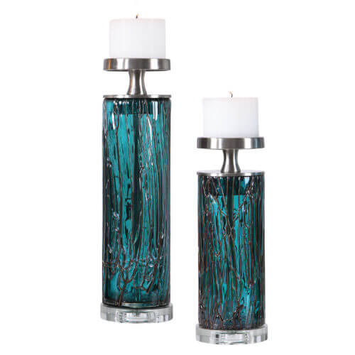 Uttermost Almanzora Teal Glass Candleholders S/2 17583 LAVEL