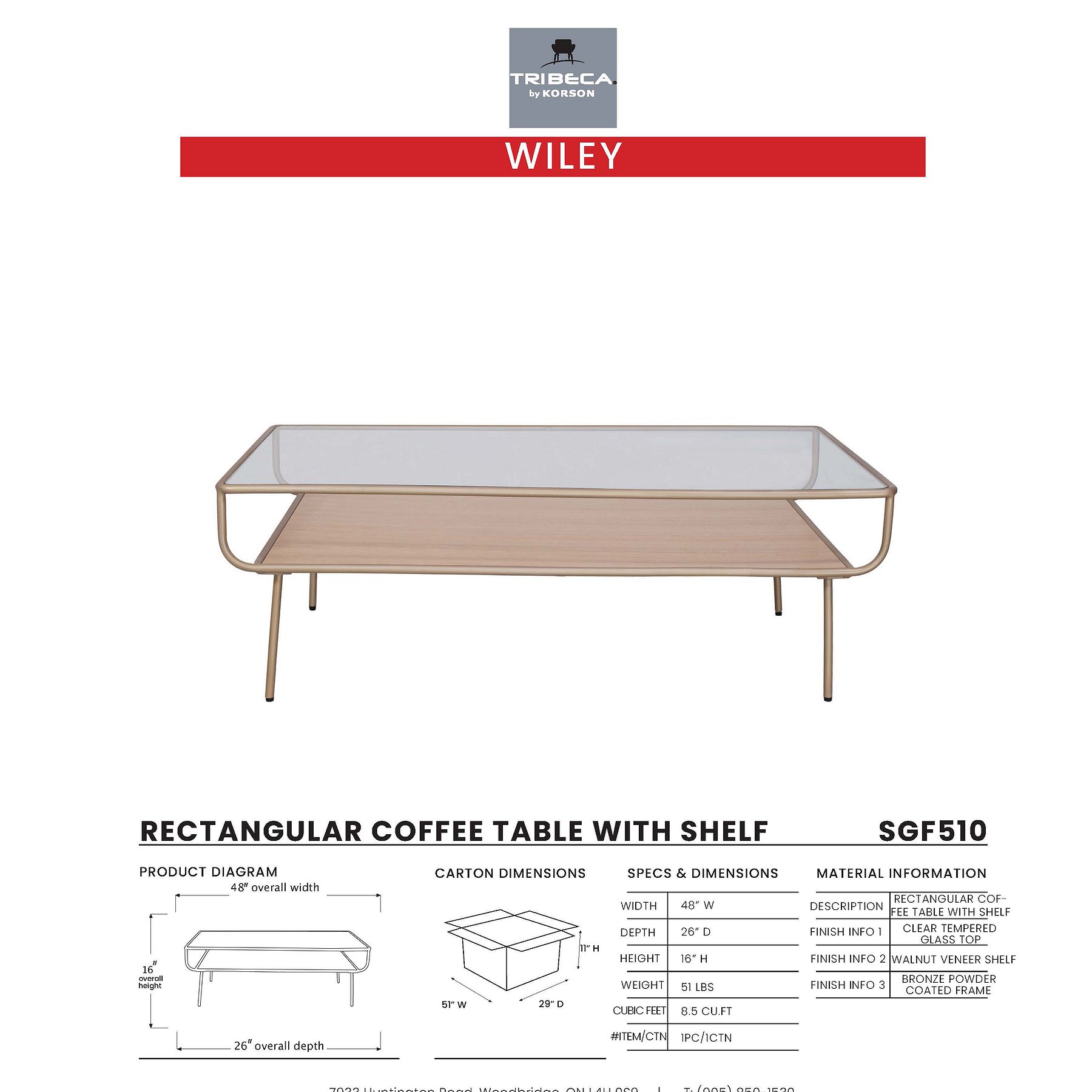 KORSON WILEY rectangular coffee table with shelf SGF510 montreal