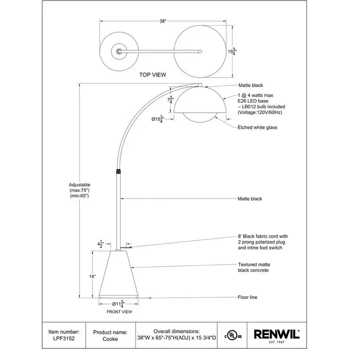RENWIL COOKE FLOOR LAMP LPF3152 perth