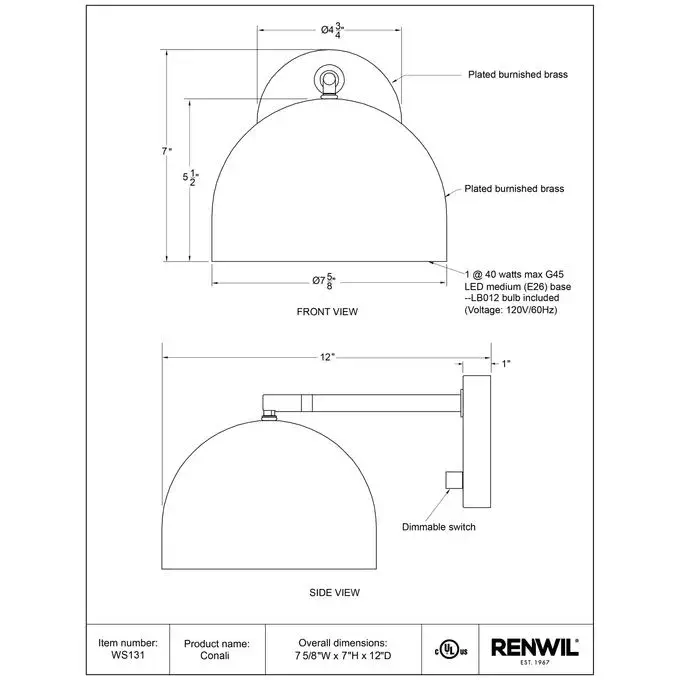 RENWIL CONALI SCONCE WS131 oakville