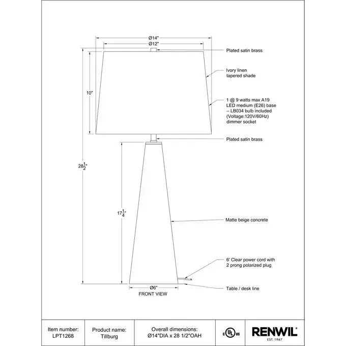 RENWIL TILLBURG LAMP LPT1268 sarnia