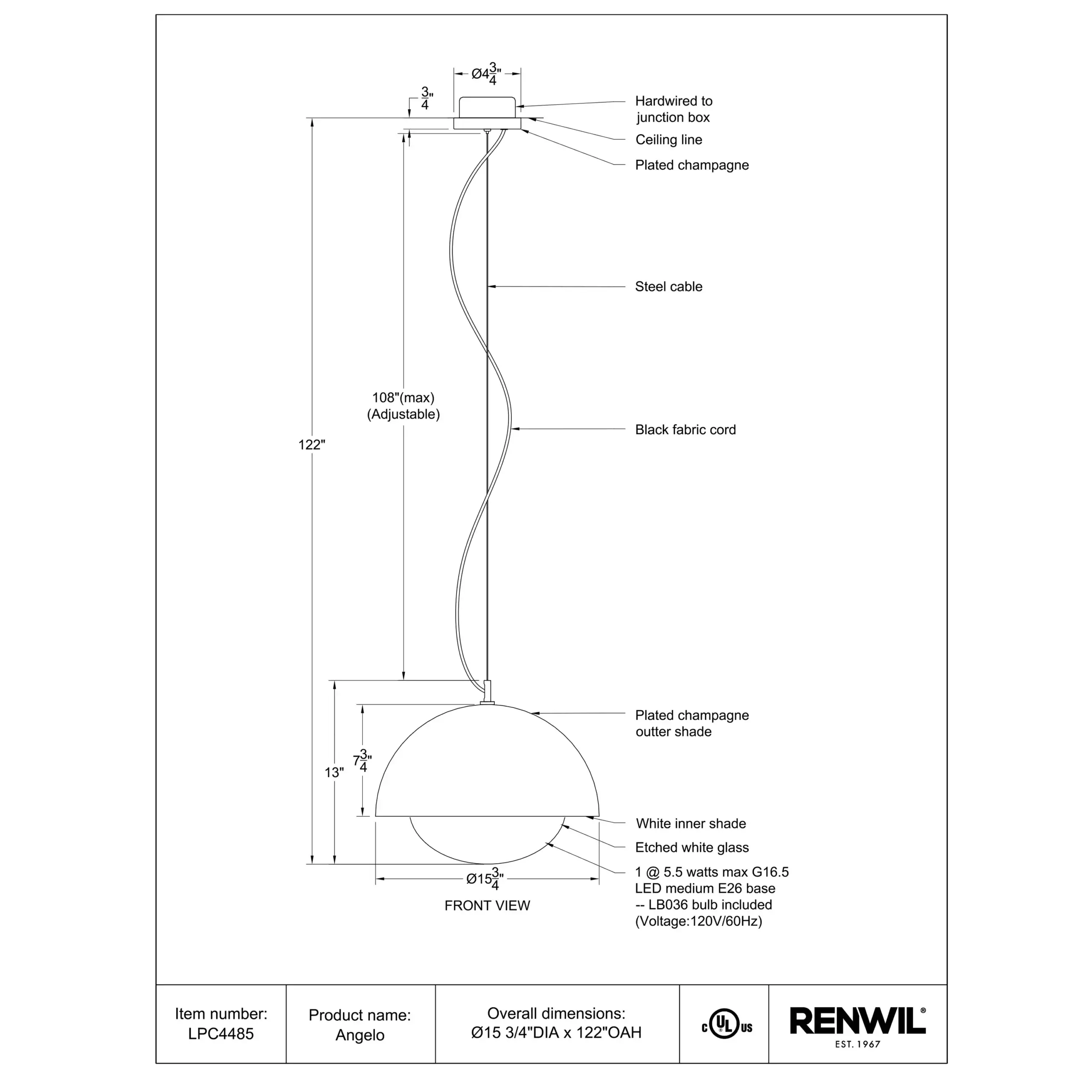 RENWIL ANGELO PENDANT LPC4485 midland