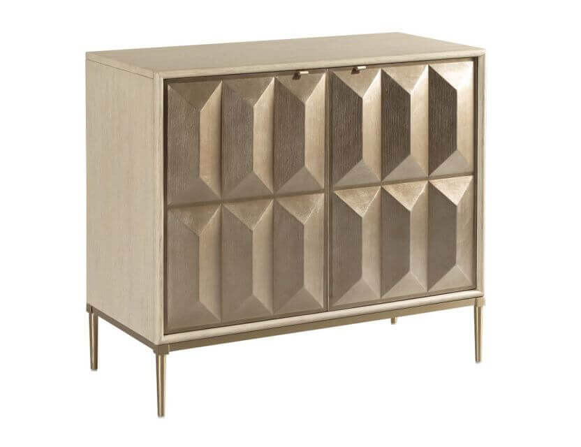 The Prism chest features two interior drawers. Two removable wood shelves behind the doors. Vent slots, adjustable levelers, and hand holds in the back of the case.