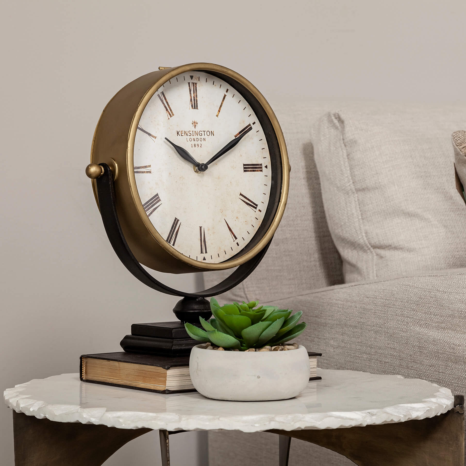 MERCANA HOUSTON GOLD HALF MOON BASE TABLE CLOCK 63102 port perry