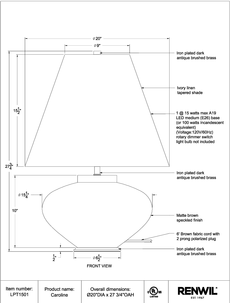 RENWIL CAROLINE TABLE LAMP LPT1501 huntsville