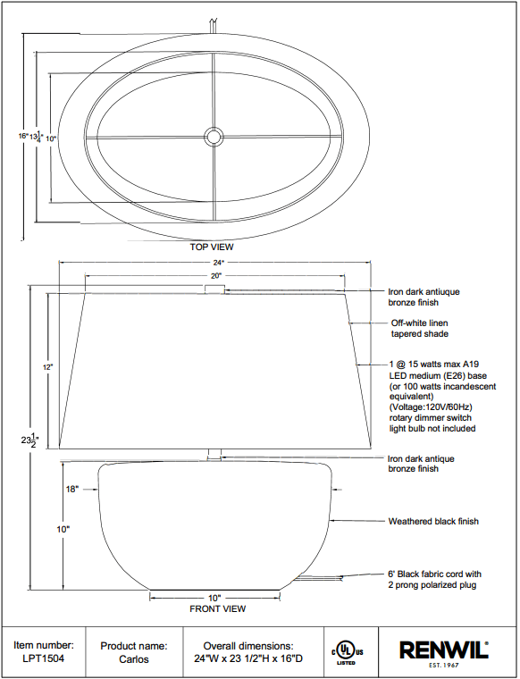RENWIL CARLOS TABLE LAMP LPT1504 orilla