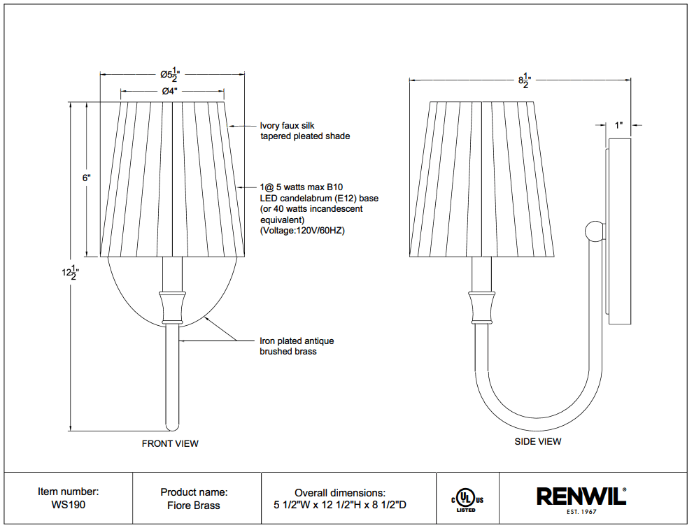 RENWIL FIORE WALL SCONCE BRASS WS190 edmonton
